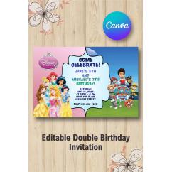 Twin Disney Princess and Paw Patrol Birthday Invitation | Canva Template